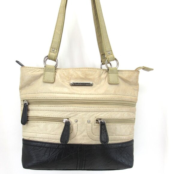 Stone Mountain Beige & Black Double Handle Multi Zip Pockets Leather Handbag - Picture 2 of 11